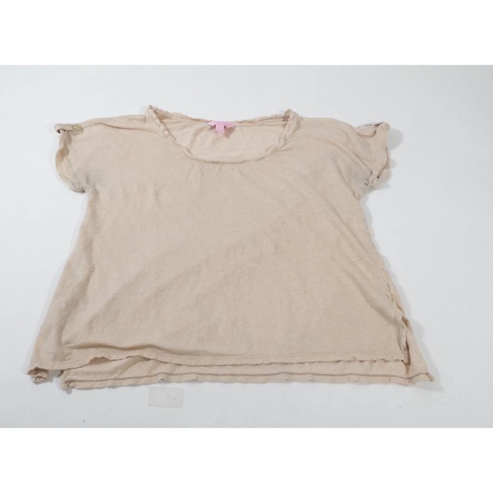 Lilly Pulitzer Top Womens L Beige Linen Knit Short Sleeve Button Detail Casual